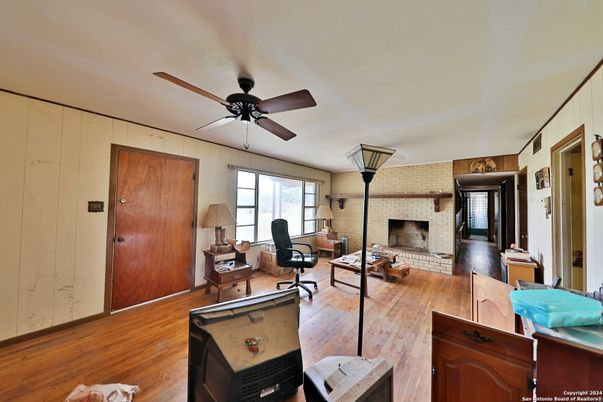 Fireplace, Home Office, Interior, Living room, Stone Walls, Wood Texture Flooring