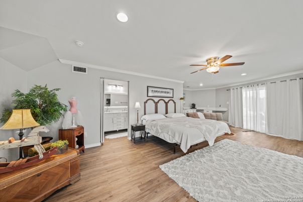 Bedroom, Interior, Recessed Lighting, Wood Texture Flooring