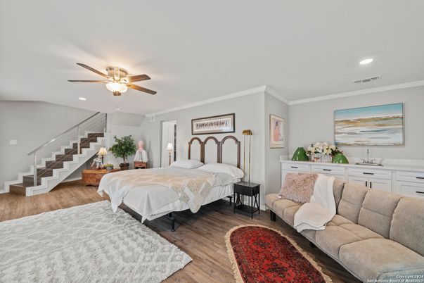 Bedroom, Interior, Recessed Lighting, Wood Texture Flooring