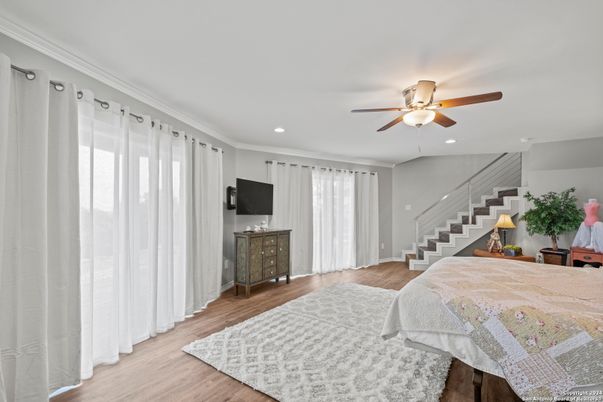 Bedroom, Interior, Recessed Lighting, Wood Texture Flooring
