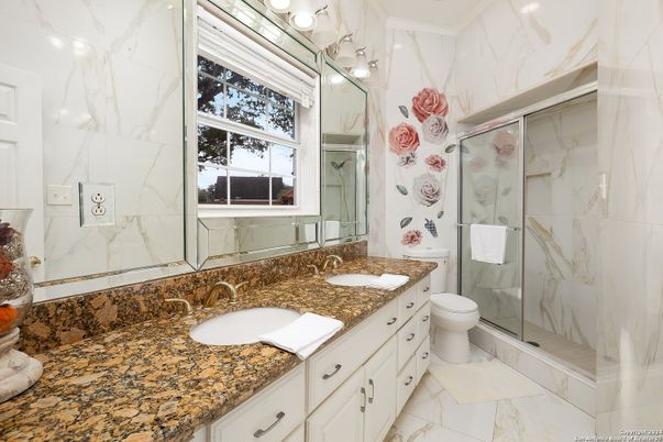 Bathroom, Dual Sink Vanities, Glass Shower, Interior, Marble, Marble Walls
