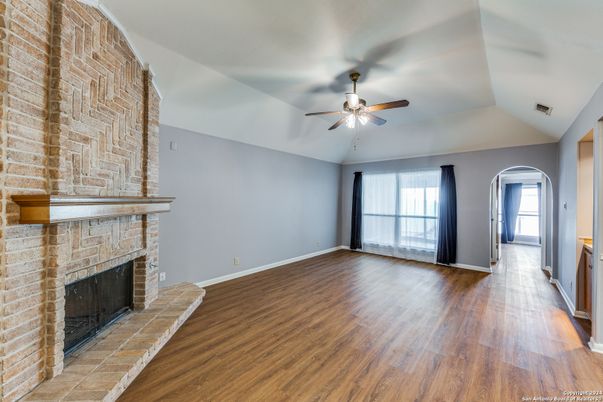 Empty room, Fireplace, Interior, Stone Walls, Wood Texture Flooring