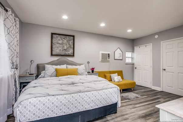 Bedroom, Interior, Recessed Lighting, Wood Texture Flooring