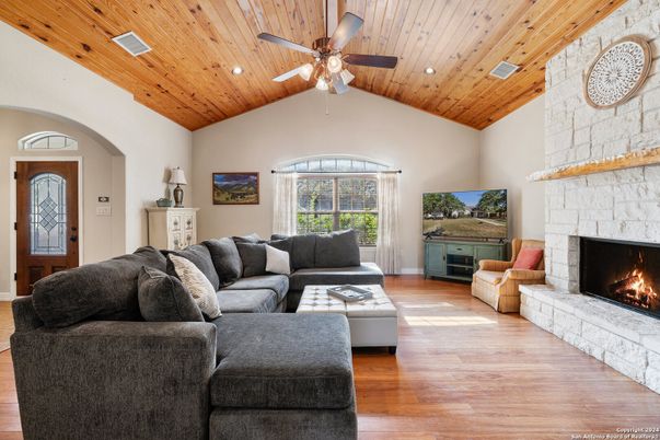 Fireplace, Interior, Living room, Recessed Lighting, Stone Walls, Wooden Beams, Wooden Ceilings, Wood Texture Flooring
