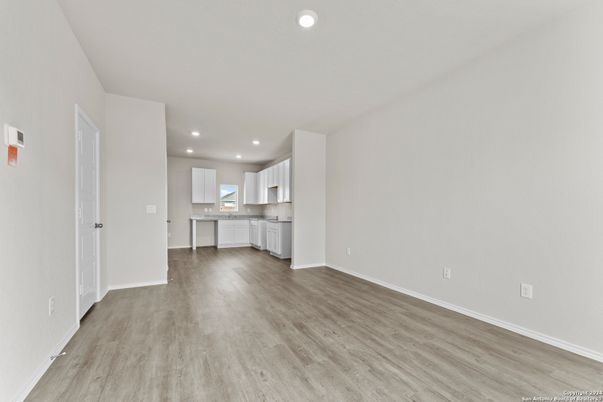 Empty room, Interior, Kitchen, Recessed Lighting, Wood Texture Flooring