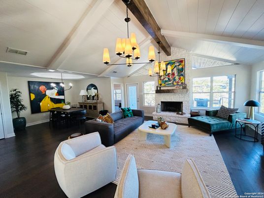Chandelier, Dining room, Fireplace, Interior, Living room, Pendant Lights, Wooden Beams, Wood Texture Flooring