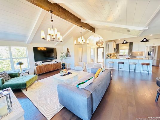 Chandelier, Interior, Kitchen, Living room, Pendant Lights, Stainless Steel Appliances, Wooden Beams, Wood Texture Flooring