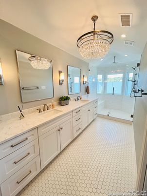 Bathroom, Chandelier, Dual Sink Vanities, Glass Shower, Interior, Recessed Lighting