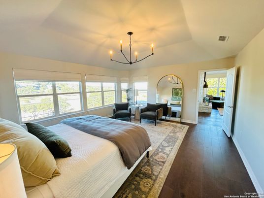 Bedroom, Chandelier, Interior, Wood Texture Flooring