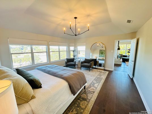 Bedroom, Chandelier, Interior, Wood Texture Flooring