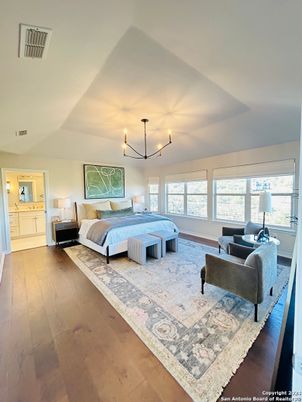 Bedroom, Chandelier, Interior, Pendant Lights, Wood Texture Flooring