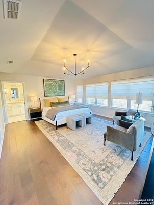 Bedroom, Chandelier, Interior, Pendant Lights, Wood Texture Flooring