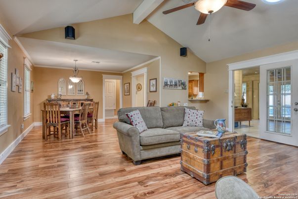 Dining room, Interior, Living room, Pendant Lights, Wood Texture Flooring