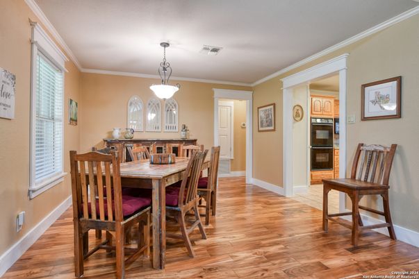 Dining room, Interior, Pendant Lights, Wood Texture Flooring