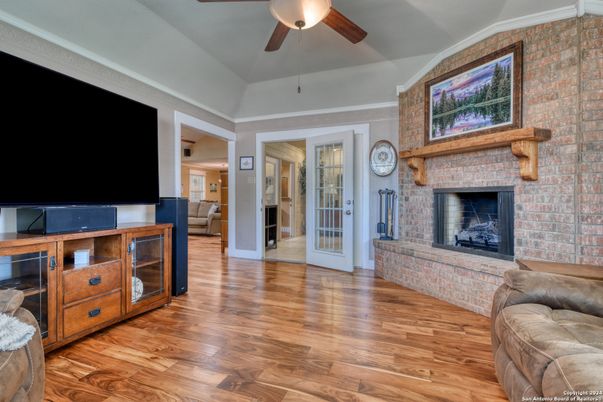 Empty room, Fireplace, Interior, Stone Walls, Wood Texture Flooring