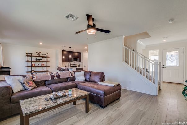Interior, Kitchen, Living room, Pendant Lights, Recessed Lighting, Stainless Steel Appliances, Wood Texture Flooring
