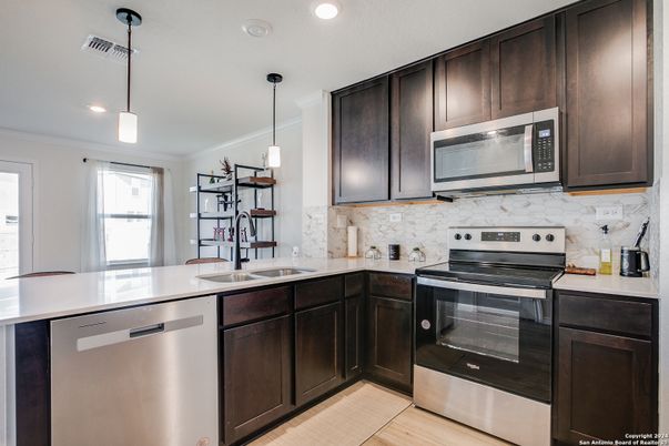 Interior, Kitchen, Pendant Lights, Recessed Lighting, Stainless Steel Appliances, Wood Texture Flooring