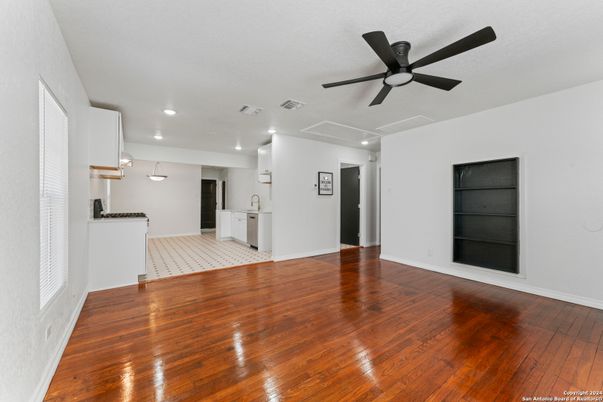 Empty room, Interior, Kitchen, Recessed Lighting, Wood Texture Flooring