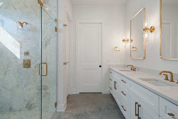 Bathroom, Dual Sink Vanities, Glass Shower, Interior, Marble Walls