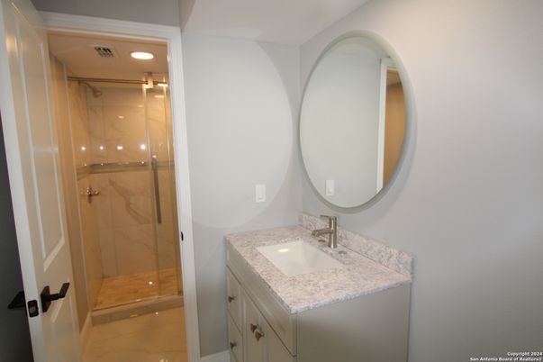 Bathroom, Glass Shower, Interior, Marble Walls, Recessed Lighting