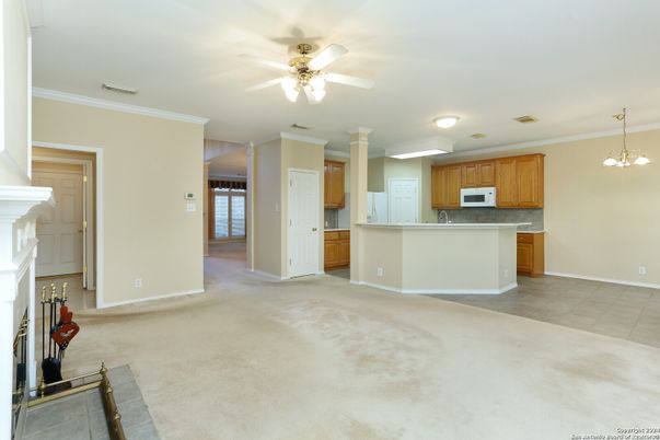 Fireplace, Interior, Kitchen, Pendant Lights