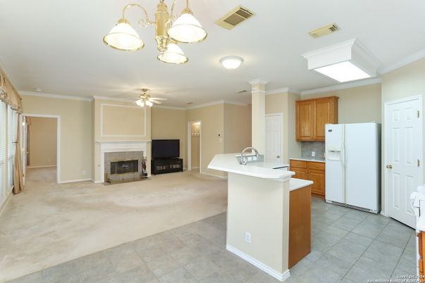 Fireplace, Interior, Kitchen, Pendant Lights