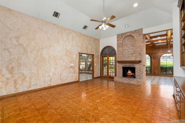Empty room, Fireplace, Interior, Recessed Lighting, Wood Texture Flooring