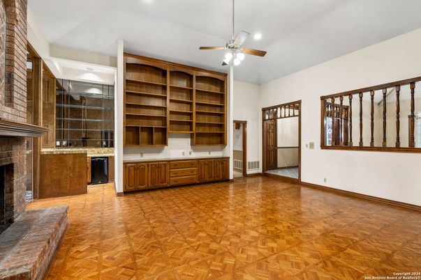 Empty room, Fireplace, Interior, Recessed Lighting, Wood Texture Flooring