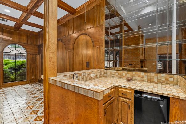 Interior, Kitchen, Recessed Lighting, Tile Countertops, Wooden Beams