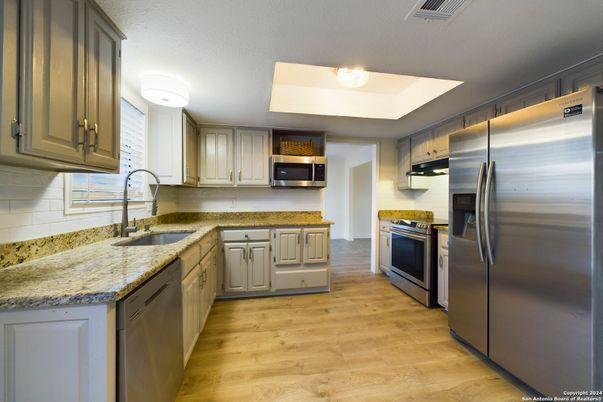 Interior, Kitchen, Stainless Steel Appliances, Wood Texture Flooring