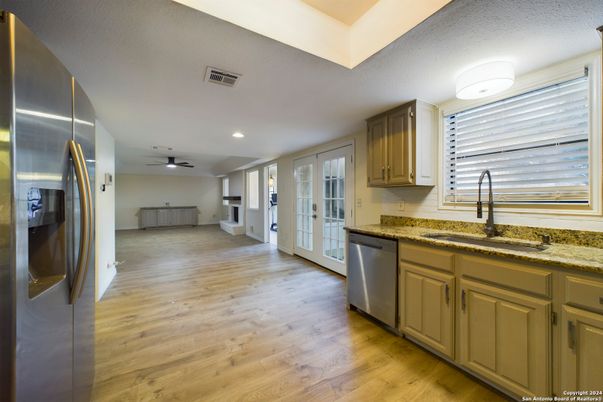 Interior, Kitchen, Recessed Lighting, Stainless Steel Appliances, Wood Texture Flooring