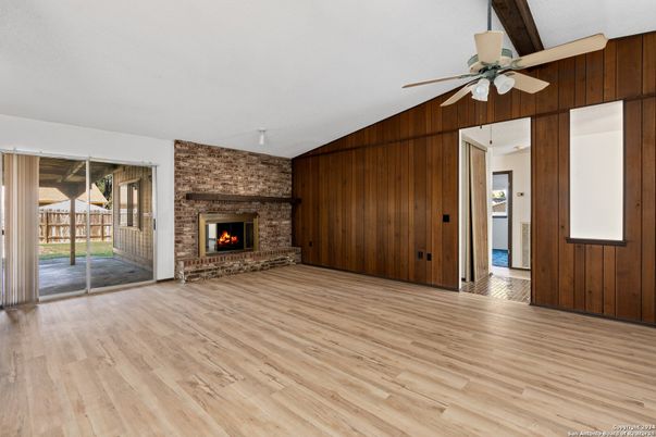 Empty room, Fireplace, Interior, Stone Walls, Wood Texture Flooring, Wooden Walls