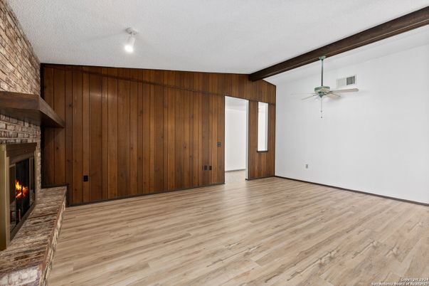 Empty room, Fireplace, Interior, Wooden Beams, Wood Texture Flooring, Wooden Walls