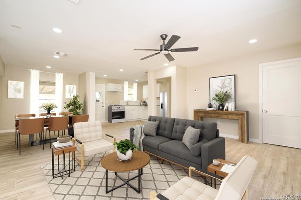 Dining room, Interior, Kitchen, Living room, Recessed Lighting, Wood Texture Flooring