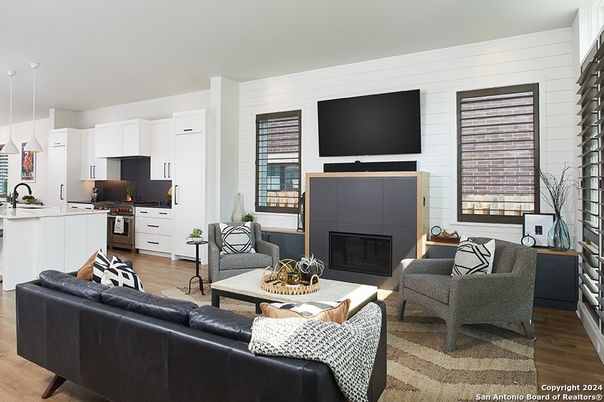 Fireplace, Interior, Kitchen, Living room, Pendant Lights, Wood Texture Flooring