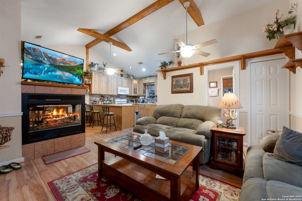 Fireplace, Interior, Kitchen, Living room, Recessed Lighting, Wooden Beams, Wood Texture Flooring