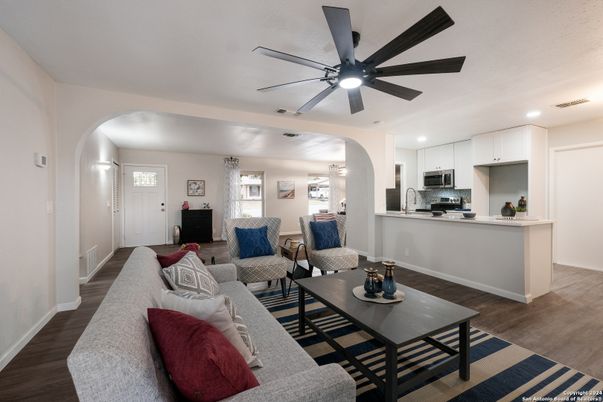 Interior, Kitchen, Living room, Recessed Lighting, Stainless Steel Appliances, Wood Texture Flooring