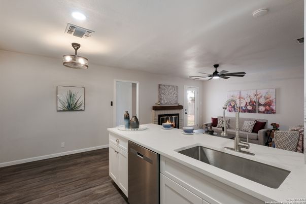 Fireplace, Interior, Kitchen, Living room, Recessed Lighting, Wood Texture Flooring