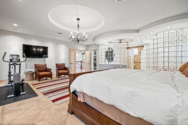 Bedroom, Chandelier, Fitness Equipment, Interior, Recessed Lighting
