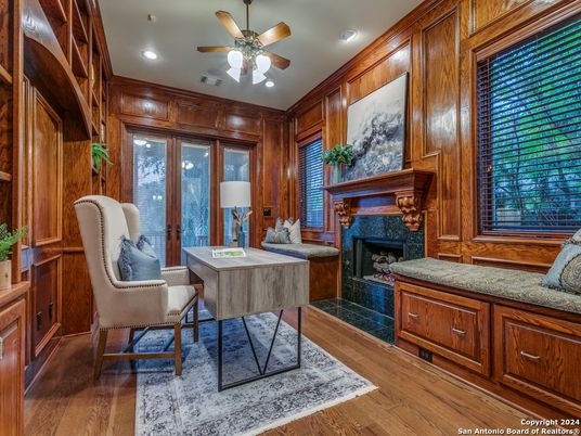 Fireplace, Home Office, Interior, Recessed Lighting, Wood Texture Flooring, Wooden Walls