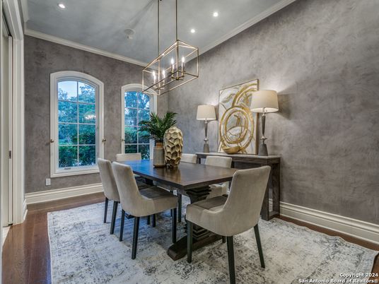 Dining room, Interior, Pendant Lights, Recessed Lighting, Wood Texture Flooring