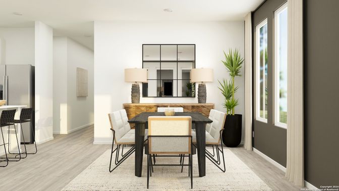Dining room, Interior, Recessed Lighting, Wood Texture Flooring
