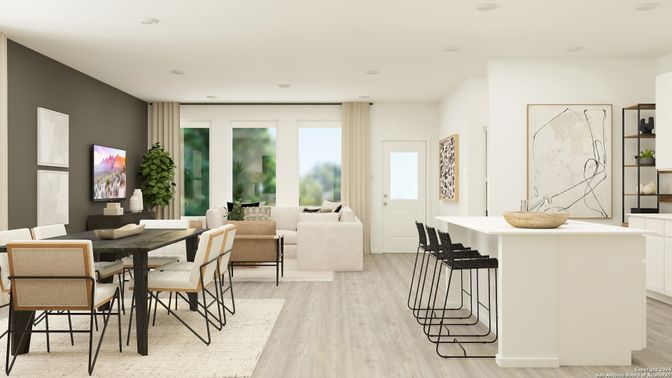Dining room, Interior, Living room, Recessed Lighting, Wood Texture Flooring