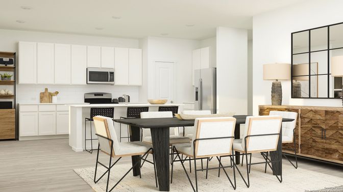 Dining room, Interior, Kitchen, Recessed Lighting, Stainless Steel Appliances, Wood Texture Flooring