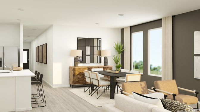 Dining room, Interior, Recessed Lighting, Wood Texture Flooring