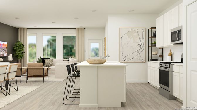 Interior, Kitchen, Living room, Recessed Lighting, Wood Texture Flooring