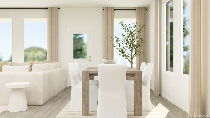 Dining room, Interior, Living room, Recessed Lighting, Wood Texture Flooring