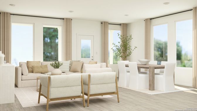 Dining room, Interior, Living room, Recessed Lighting, Wood Texture Flooring