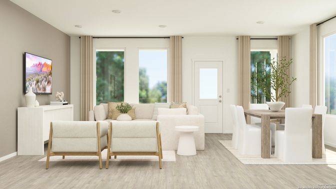 Dining room, Interior, Living room, Recessed Lighting, Wood Texture Flooring