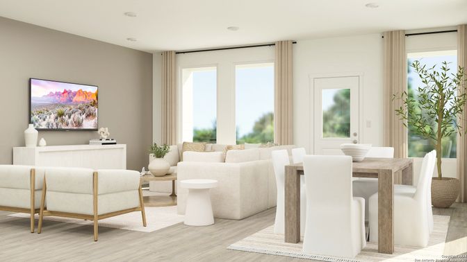 Dining room, Interior, Living room, Recessed Lighting, Wood Texture Flooring